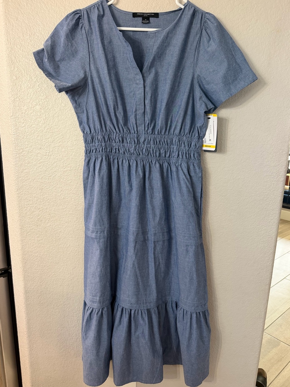 NWT French Connection Chambray Blue Shirred-Waist Midi Dress medium